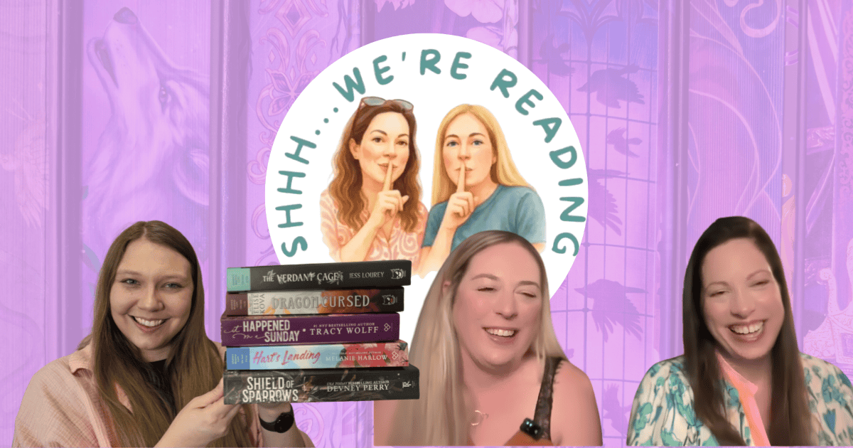 Sierra with books, Jenna and Aubrea in front of the Shhh...We're Reading logo